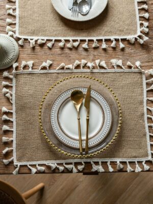 Vintage Jute Tassel Table Runner Round Bowl Mat Rectangular Heat Insulating Placemat 02