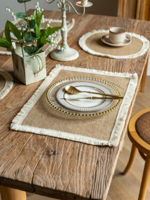 Vintage Jute Tassel Table Runner Round Bowl Mat Rectangular Heat Insulating Placemat 01
