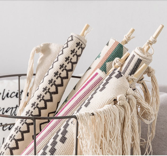 Simple Black Geometric Pattern Cotton Hanging Rugs Tapestry with Tassel Handwoven for Bedroom Living Room Hall Wall Decor Art Tapestries - Image 2