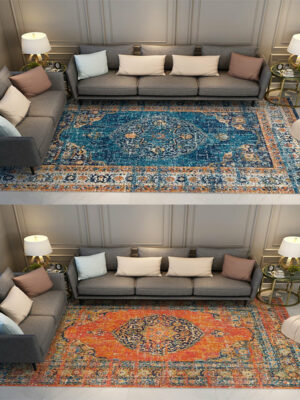 Blue Orange Shaggy Traditional Patterned Retro Rugs for Office Bedroom and Living Room