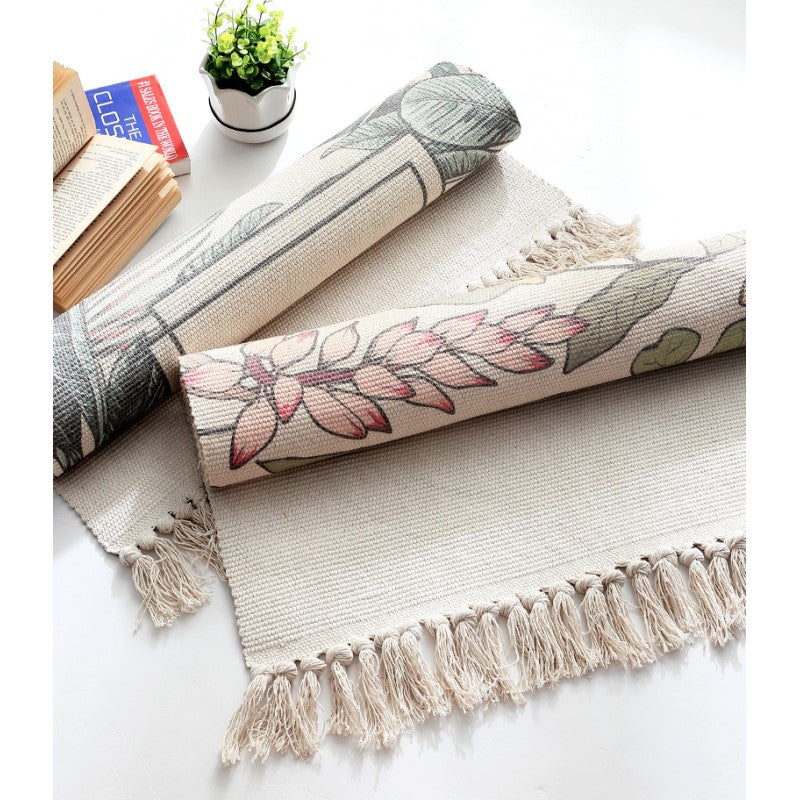 Green Banana Leaves Pattern Cotton Area Rug with Tassel Handwoven Floor Carpet Rug for Living Room Bedroom - Image 4