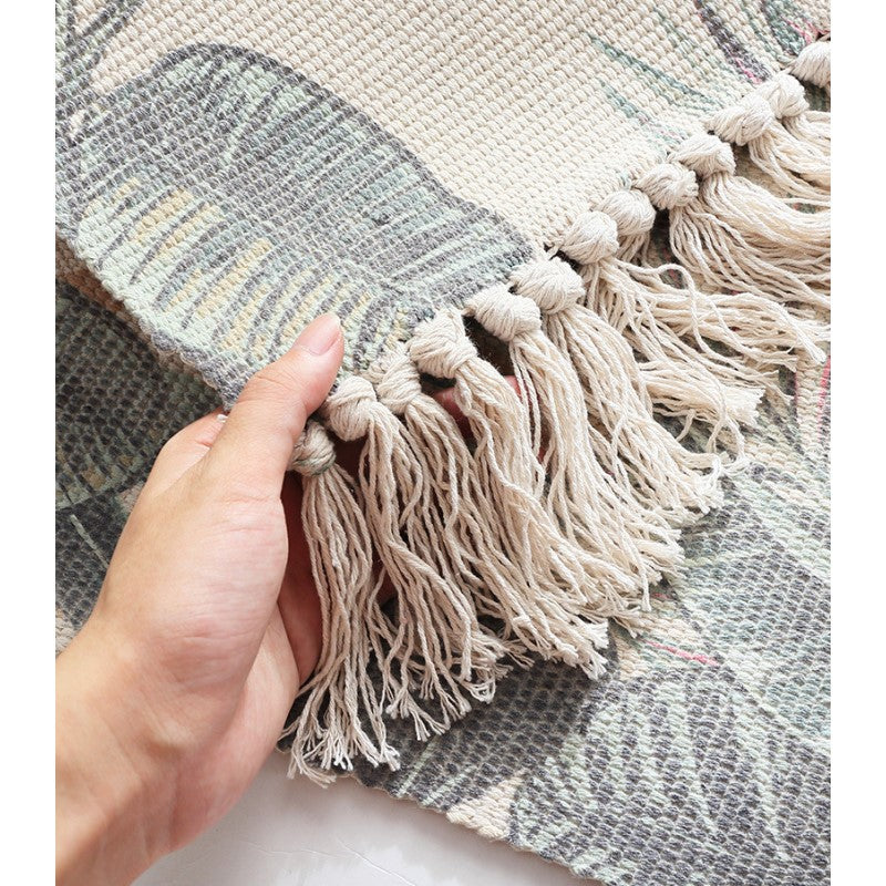 Green Banana Leaves Pattern Cotton Area Rug with Tassel Handwoven Floor Carpet Rug for Living Room Bedroom - Image 5
