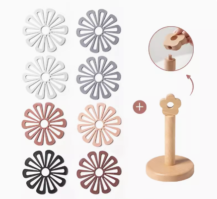 Coloured PVC Flowers Placemats With Wooden Storage Stand - Image 13