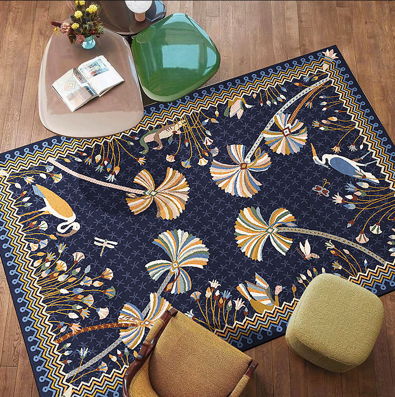 Vintage Deep Blue Flowers Faux Cashmere Rugs For Living Room Bedroom Bedside Rugs Anti-slip Foot Mats - Image 2