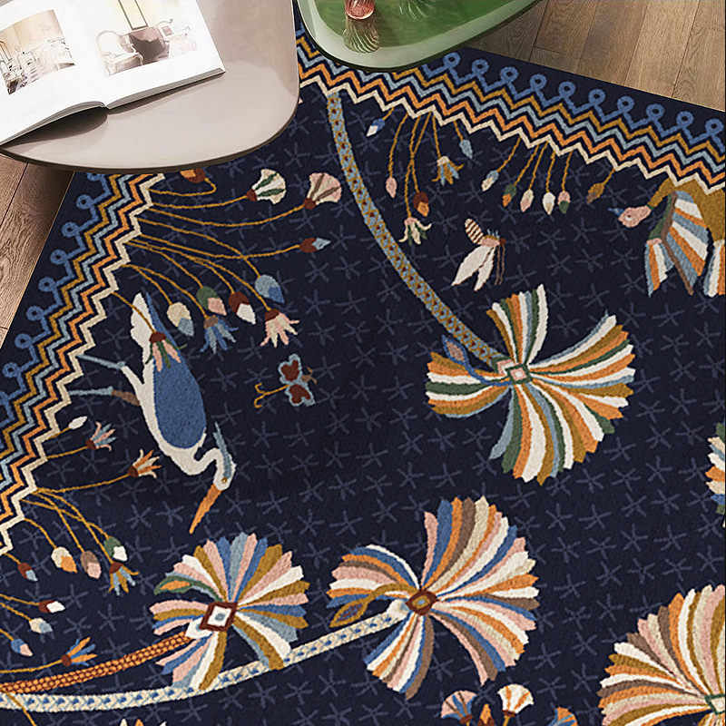 Vintage Deep Blue Flowers Faux Cashmere Rugs For Living Room Bedroom Bedside Rugs Anti-slip Foot Mats - Image 3