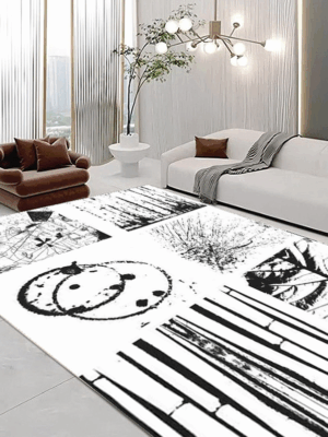 Classical Minimalist Black and White Inked Faux Cashmere Rug Living Room Bedroom Bedside Rug Sofa Coffee Table Rug Floor Mat 01