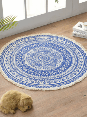 Blue Round Cotton Woven Rug Mandala Boho Floor Mat Living Room Bedroom Tasseled Foot Mat Yoga Cushion