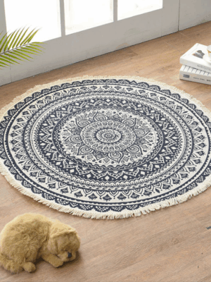 Black Round Cotton Woven Rug Mandala Boho Floor Mat Living Room Bedroom Tasseled Foot Mat Yoga Cushion