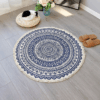 Dark Blue Round Cotton Woven Rug Mandala Boho Floor Mat Living Room Bedroom Tasseled Foot Mat Yoga Cushion