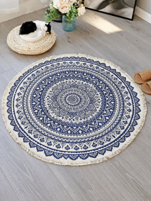 Dark Blue Round Cotton Woven Rug Mandala Boho Floor Mat Living Room Bedroom Tasseled Foot Mat Yoga Cushion