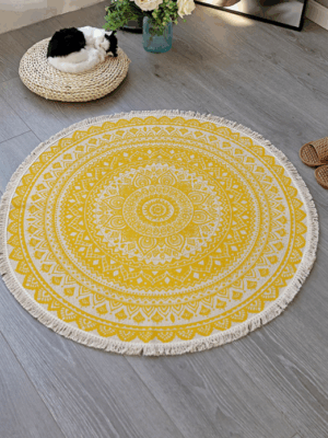 Yellow Round Cotton Woven Rug Mandala Boho Floor Mat Living Room Bedroom Tasseled Foot Mat Yoga Cushion