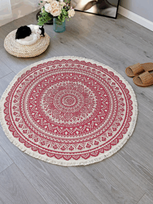 Red Round Cotton Woven Rug Mandala Boho Floor Mat Living Room Bedroom Tasseled Foot Mat Yoga Cushion