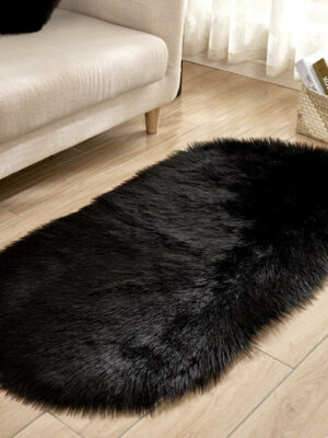 Black Oval Shaped Shaggy Super Soft Faux Sheepskin Fur Plush Rugs For Living Room Hall Bedroom Bedside