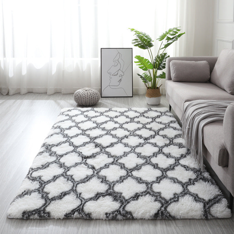Grey White Soft Comfortable Geometric Plush Shaggy Rugs Bedroom Living Room Bedside Rug Floor Mat 05 - Image 2