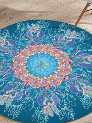 Blue Round Moroccan 3D Flower Patterned Living Room Bedroom Office Anti-slip Area Rugs