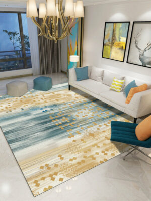 Modern Blue Striped Yellow Geometric Patterned Carpet Living Room Bedroom Office Hall Floor Mat Rugs