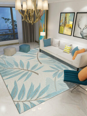 Light Blue Modern Printed Leaves Leaf Patterned Carpet Living Room Bedroom Office Hall Floor Mat Rugs