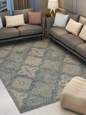 Blue Vintage Traditional Shaggy Geometric Rugs for Living Room Dining Room Bedroom Hall