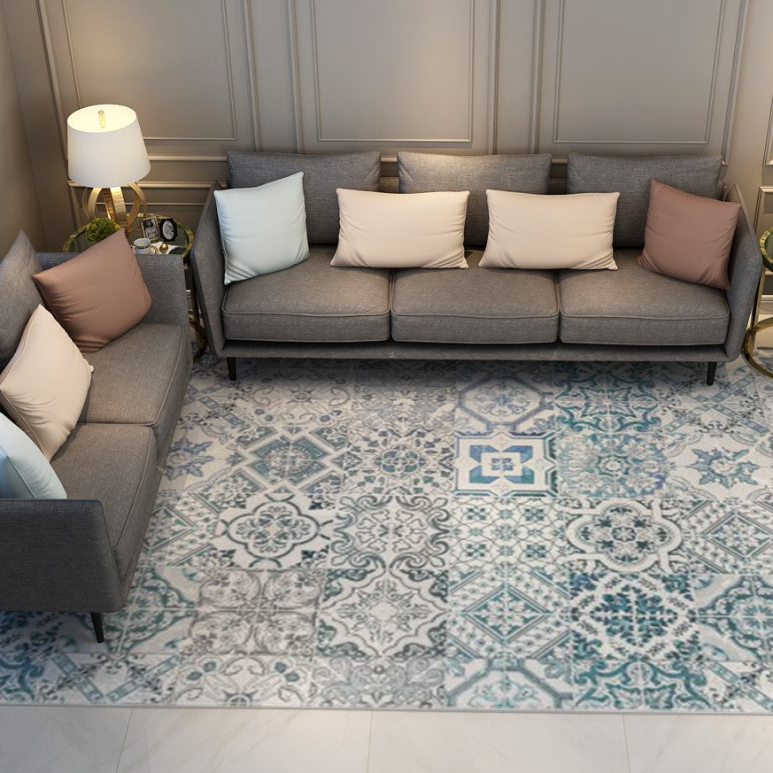 Beautiful Light Blue Floral Vintage Traditional Shaggy Rugs for Living Room Dining Room Bedroom Hall