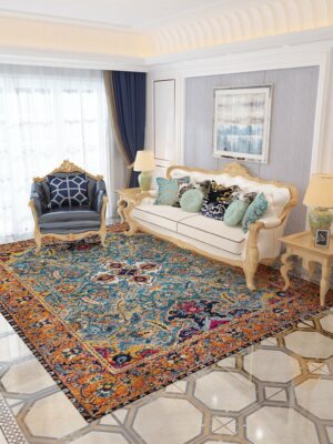 Atmospheric  Beautiful Yellow Blue Traditional Plush Vintage Rugs for Living Room Dining Room Bedroom Hall