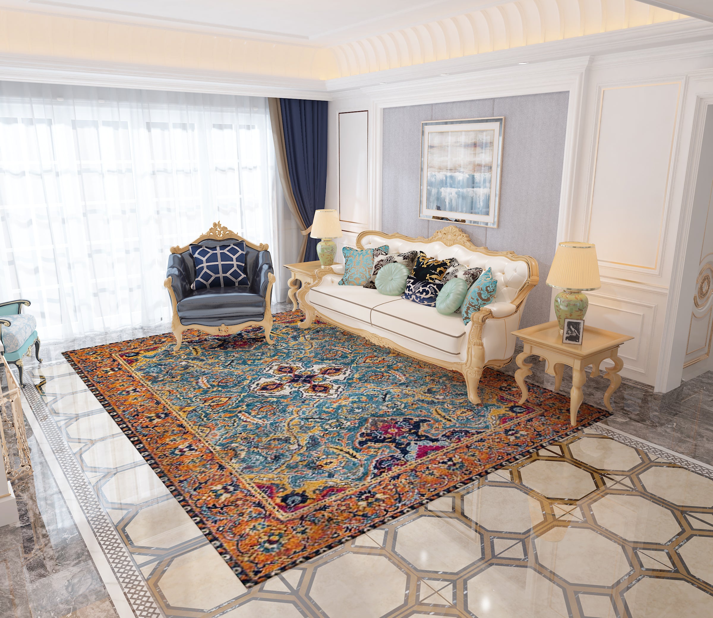 Atmospheric Beautiful Yellow Blue Traditional Plush Vintage Rugs for Living Room Dining Room Bedroom Hall