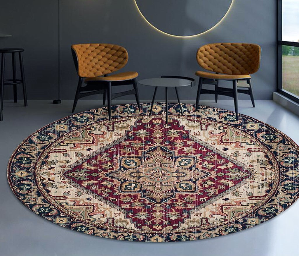 Beautiful Red Round Printed Patterned Vintage Style Rugs Living Room Bedroom Office Anti-slip Area Floor Mats - Image 2