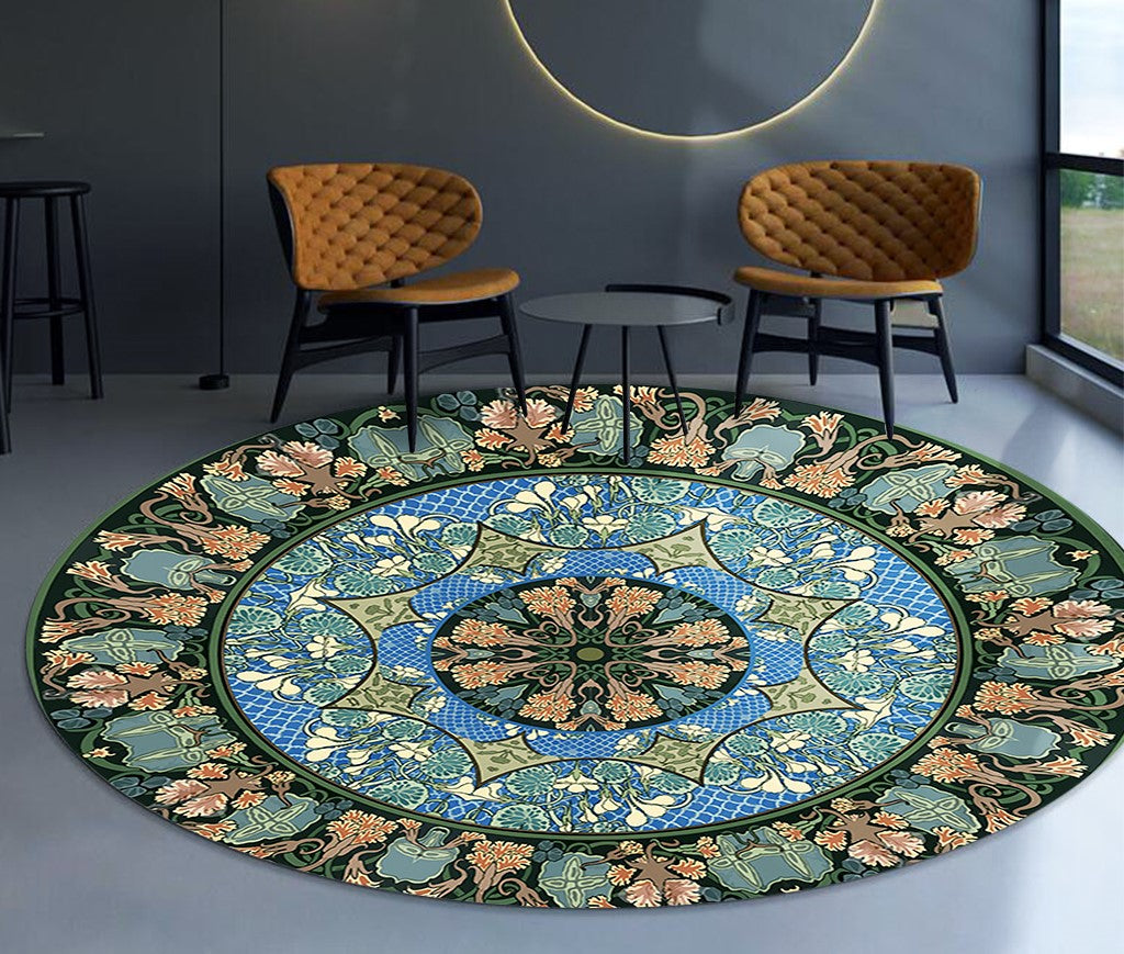 3D Flower Green Round Patterned Vintage Style Rugs Living Room Bedroom Office Anti-slip Area Floor Mats - Image 2