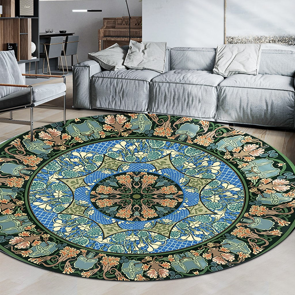 3D Flower Green Round Patterned Vintage Style Rugs Living Room Bedroom Office Anti-slip Area Floor Mats - Image 4