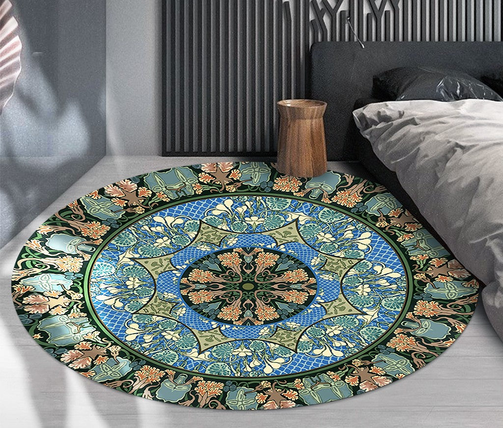 3D Flower Green Round Patterned Vintage Style Rugs Living Room Bedroom Office Anti-slip Area Floor Mats - Image 3