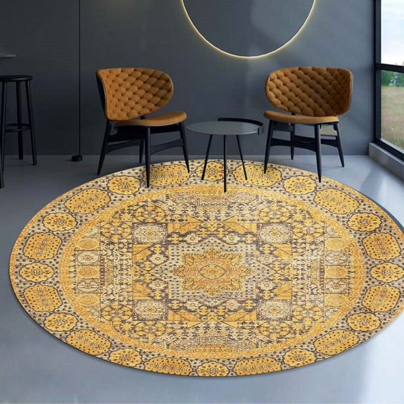 Yellow Round 3D Vintage Traditional Style Patterned Printed Rugs Living Room Bedroom Office Anti-slip Area Floor Mats - Image 2