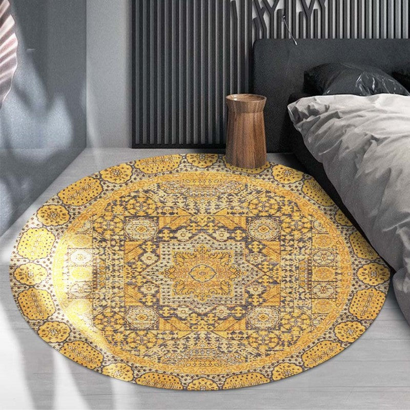 Yellow Round 3D Vintage Traditional Style Patterned Printed Rugs Living Room Bedroom Office Anti-slip Area Floor Mats - Image 3
