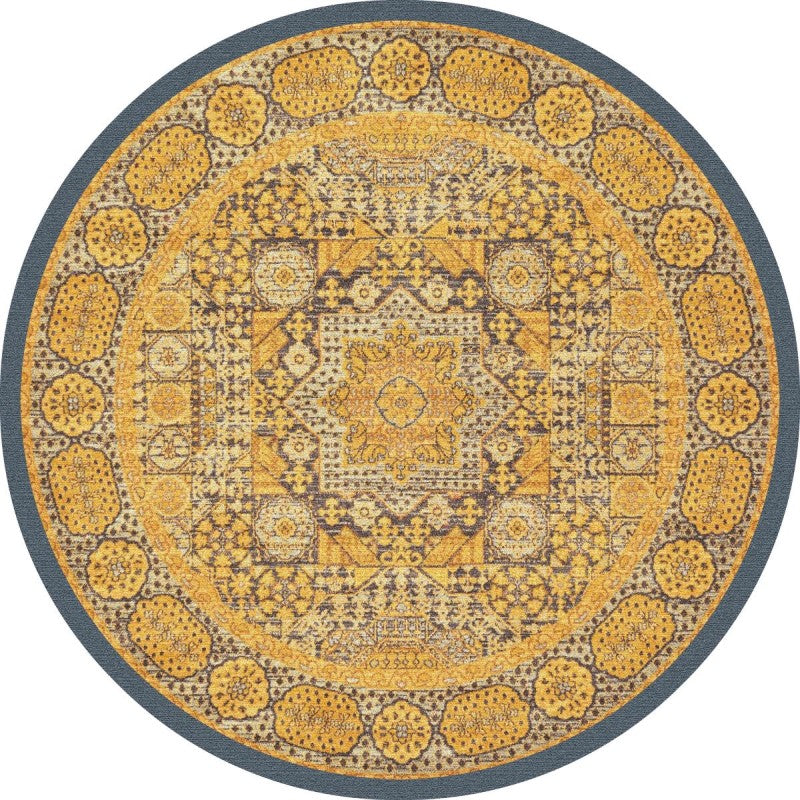 Yellow Round 3D Vintage Traditional Style Patterned Printed Rugs Living Room Bedroom Office Anti-slip Area Floor Mats