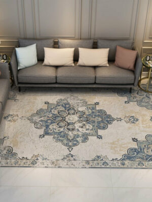 Blue White Traditional Printed Pattern Polyester Vintage Area Rugs Floor Mat for Living Room Hall Office
