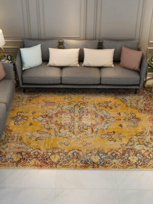 Bright Yellow Traditional Printed Pattern Vintage Area Rugs Floor Mat for Living Room Hall Office
