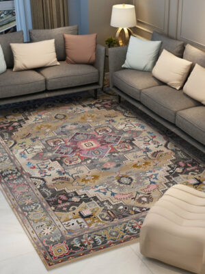Grey Printed Pattern Vintage Polyester Traditional Area Rugs Floor Mat for Living Room Hall Office