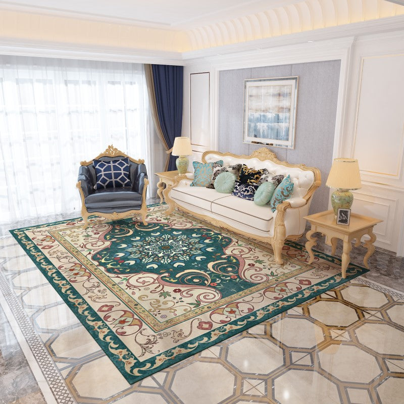 Green Floral Patterned Area Rugs Traditional Vintage Floor Mat Polyester for Bedroom Hall Office Living Room