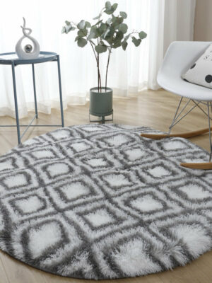 Grey White Checkered Soft Round Comfortable Shaggy Rugs Living Room Bedroom Kids Room Bedside Floor Rugs