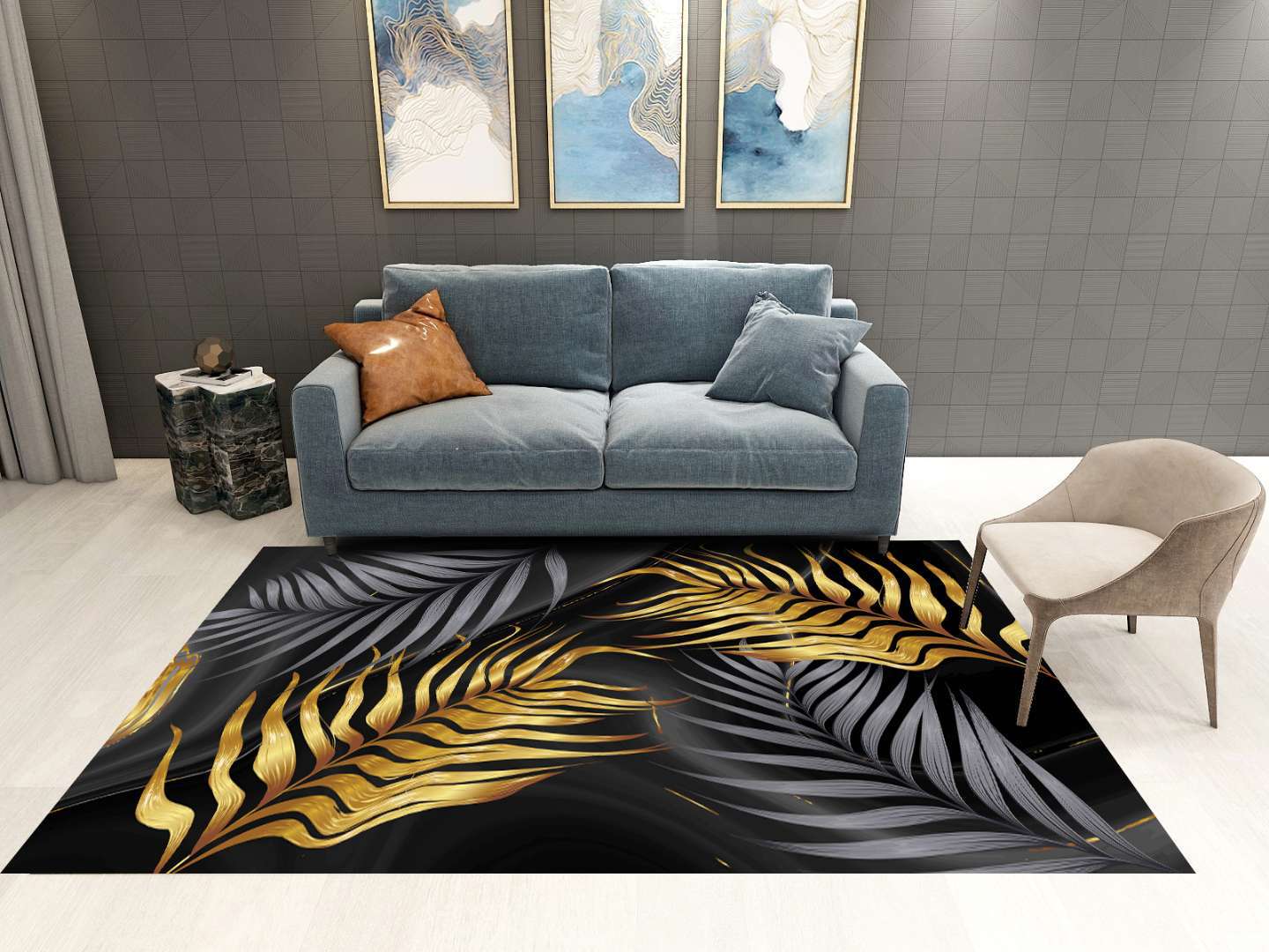 Golden Black Leaves Pattern Modern Contemporary Simple Rugs for Living Room Dining Room Bedroom