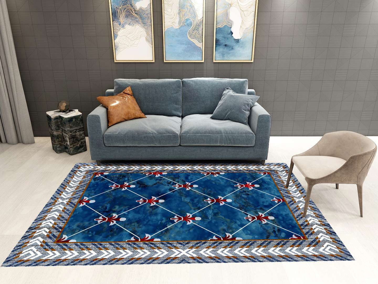 Blue Traditional Printed Simple Rugs for Living Room Dining Room Bedroom