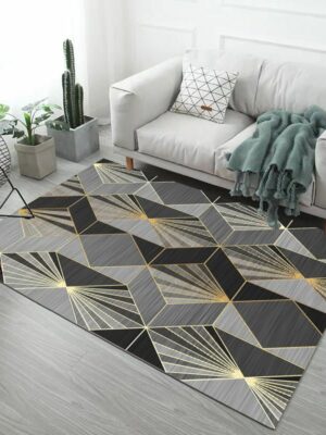 Black Grey Golden Lines Pattern Modern Simple Contemporary Geometric Rugs for Living Room Dining Room Bedroom