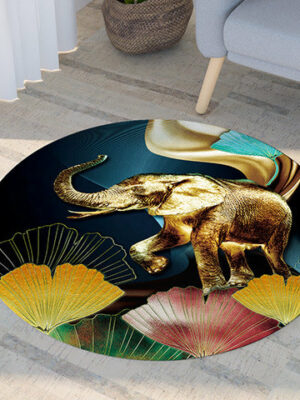 Ginkgo Biloba And Golden Elephant Pattern Modern Round Rug For Living Room Bedroom Kitchen Hall