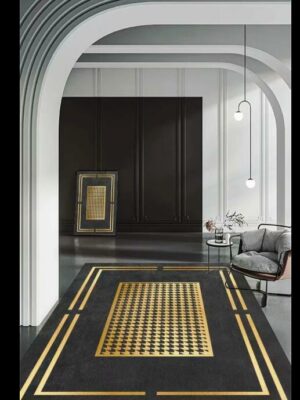 Golden Grid Black Modern Contemporary Simple Geometric Rugs for Living Room Dining Room Bedroom