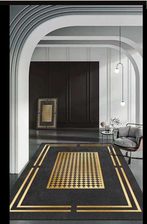 Golden Grid Black Modern Contemporary Simple Geometric Rugs for Living Room Dining Room Bedroom