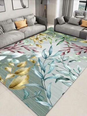 Modern Multicolor Leaves Minimalist Pattern Printed Area Rugs for Living Room Dining Room Bedroom Hall