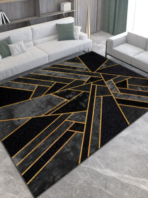 Black Gold Line Geometric Pattern Modern Rugs for Living Room Dining Room Bedroom Hall