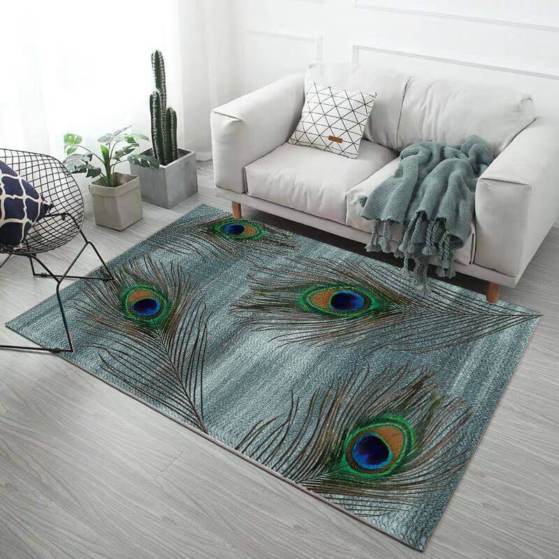 Beautiful Peacock Feathers Pattern Green Modern Rugs for Living Room Dining Room Bedroom - Image 3
