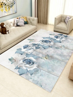 Blue Floral Printed Pattern Rugs for Living Room Dining Room Bedroom