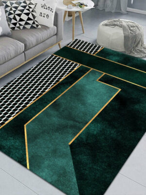 Luxurious Dark Green Geometric Pattern Modern Rugs For Living Room Dining Room Bedroom