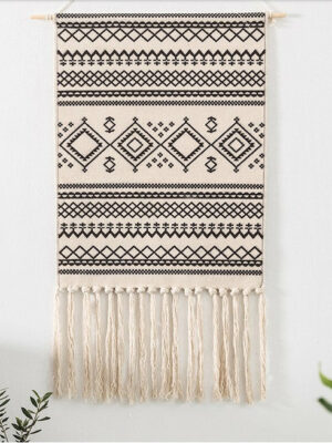 Decorative Black Moroccan Geometric Pattern Cotton Hanging Rugs Tapestry with Tassel Handwoven for Bedroom Living Room Hall Wall Decor Art Tapestries