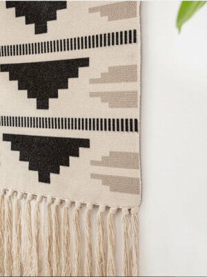 Simple Black Geometric Pattern Cotton Hanging Rugs Tapestry with Tassel Handwoven for Bedroom Living Room Hall Wall Decor Art Tapestries